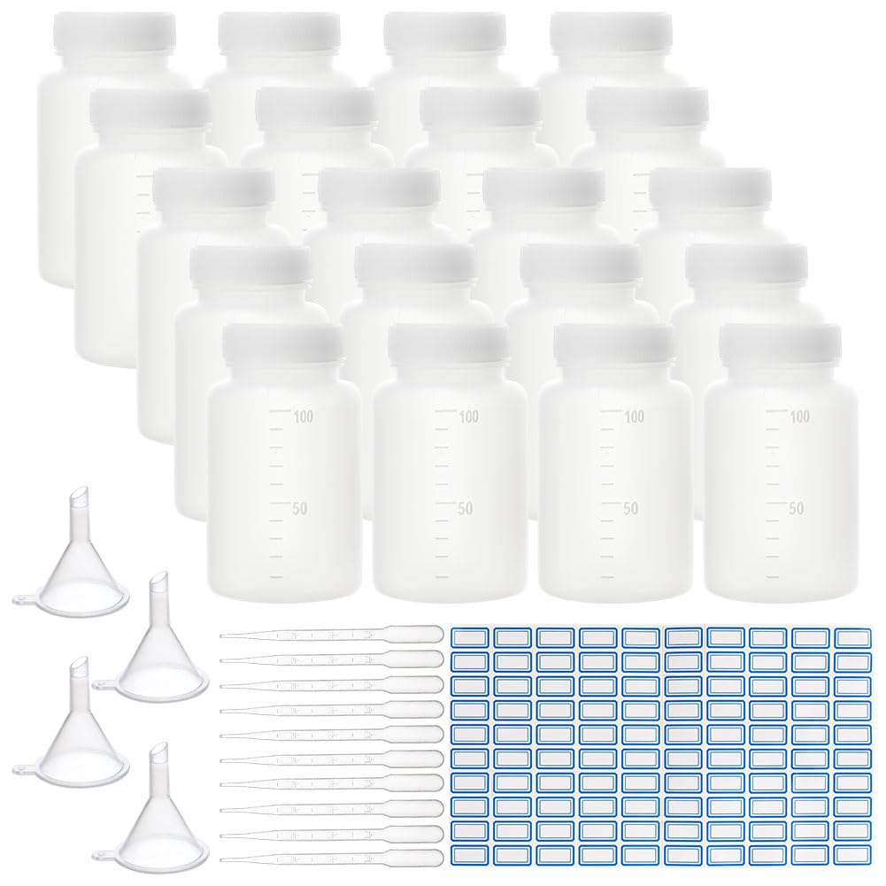OLYCRAFT 20PCS Wide Mouth Plastic Bottles with Caps 100ml Lab Plastic Sample Bottle Graduated Reagent Bottle Reusable Storage Containers for Travel Cosmetics Laboratory Kitchen