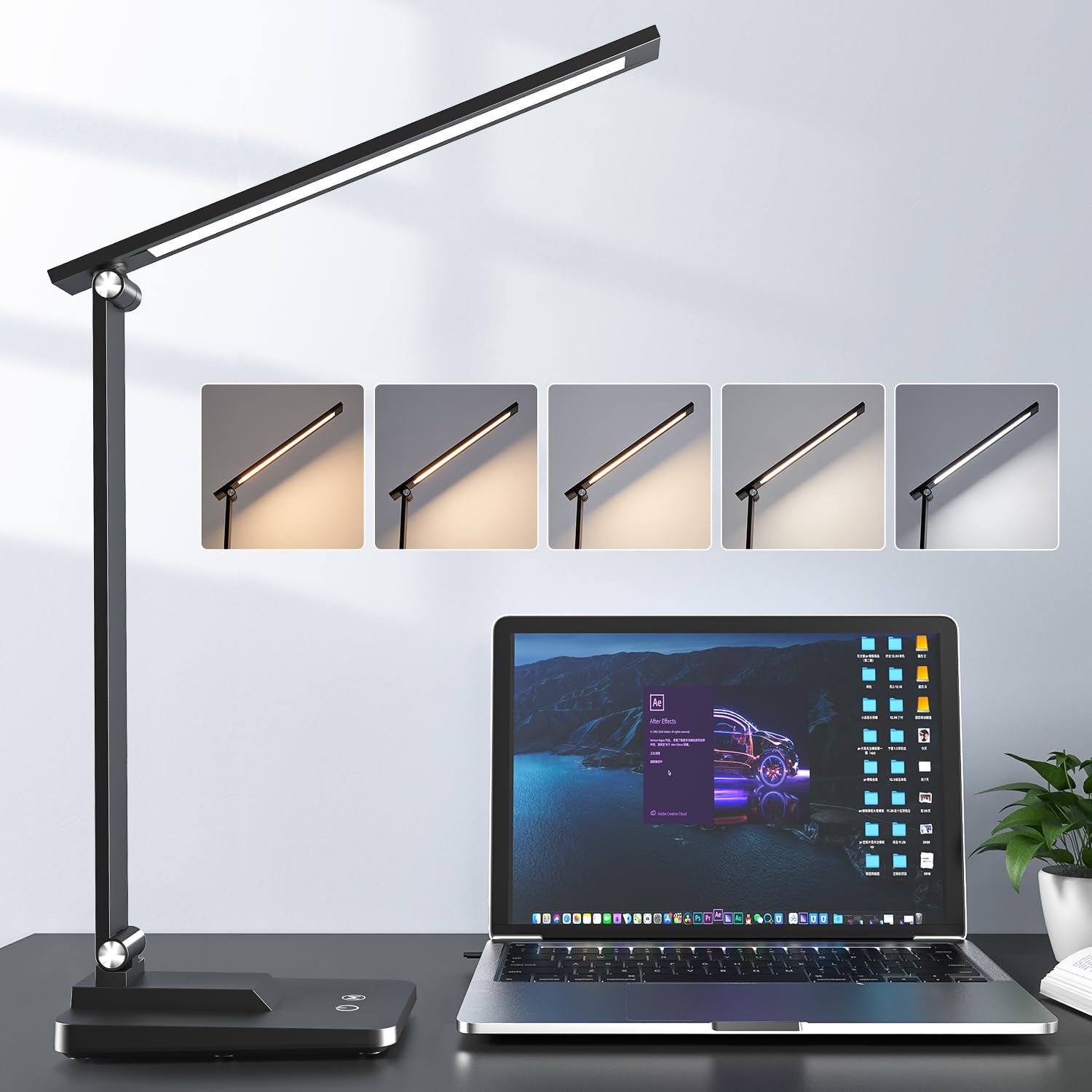 One Fire LED Desk Lamp,15 Modes Desk Light,500 Lumen Dimmable Desk Lamps, Adjustable Office Black Desk Lamps for Study Lamp, for Bedside Table