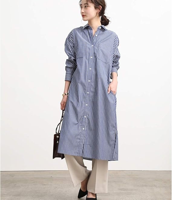 Amazon ビス 鎌倉シャツ Vis ドロップショルダーシャツワンピース ネイビー系 41 L シャツ ブラウス 通販