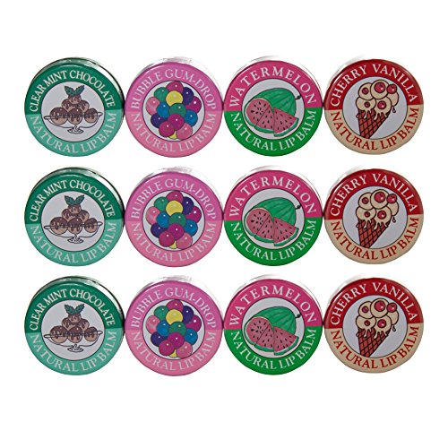 Candy Kisses Lip Balm 12 Piece Set - Watermelon, Cherry Vanilla, Bubble Gum Drop, and Mint Chocolate (3 of each)