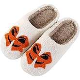 TENDAWYP Halloween Spooky Pumpkin Bow Slippers for Women Men Soft Plush Fuzzy Slippers Cozy House Indoor Outdoor Shoes Orange Bow 37-38