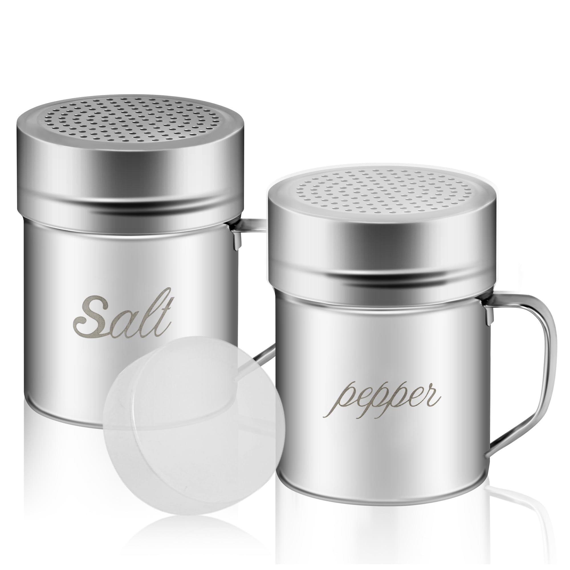 ZERUIDM Stainless Steel Salt and Pepper Shakers Set, 10 OZ Seasoning Spice Shaker with Lid and Handle 127 Holes, Metal Dredge Shaker for Powder Sugar Cooking Kitchen Baking (2 Pieces)