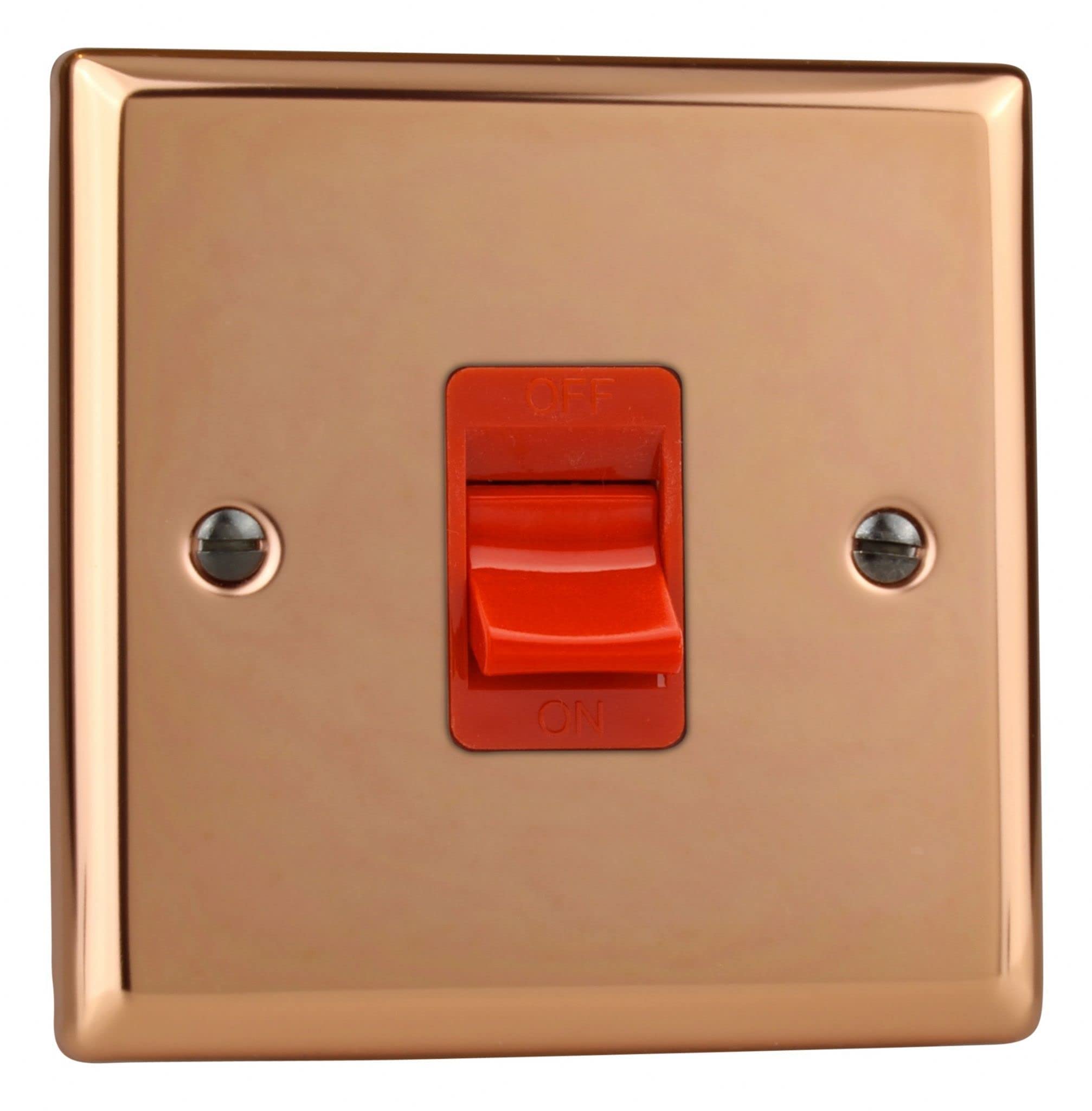 Varilight 45A Cooker Switch (Single Plate, Red Rocker) Polished Copper