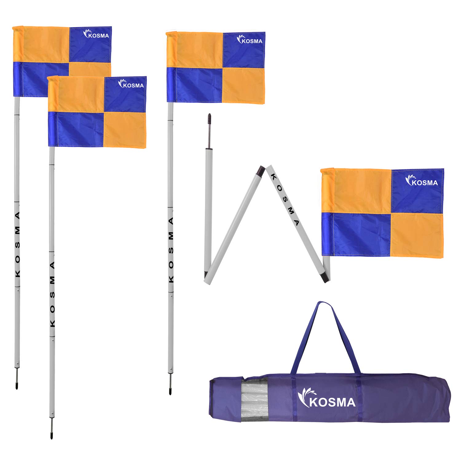 Kosma 4Pc Collapsible Corner Flags (5ft) - Foldable Football Training Poles with Metal Spike & Yellow/Blue Flags (Carry Bag)
