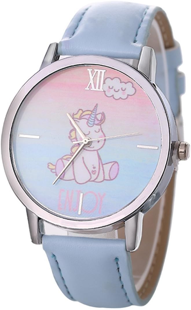 HomimArtificial Leather Strap Simple Case Wristwatch Teen Students Enjoy Colorful Unicorn Print (Light Blue)