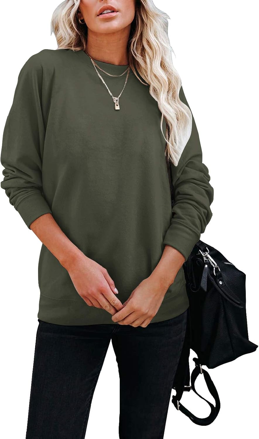 Hilltichu Women's Fall Long Sleeve Pullover Shirt Casual Round Neck