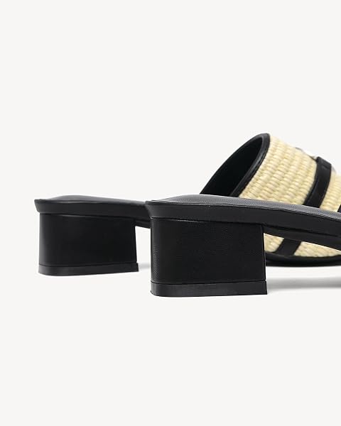 NEWBELLA HEELED SANDALS FOR WOMEN KNIT SQUARE OPEN TOE SLIP ON MULES WHITH CHUNKY LOW BLOCK HEEL CASUAL SUMMER DRESS SHOES (BLACK-RAFFIA, ADULT, WOMEN, 10, NUMERIC, US FOOTWEAR SIZE SYSTEM, MEDIUM)