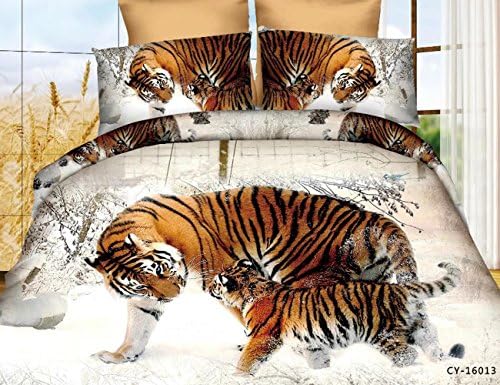 3D Tiger Bedding Animal Bedclothes Comforter Shell Queen Size 4Piece (1 Bed Sheet + 1 Duvet Cover + 2 Pillowcase)