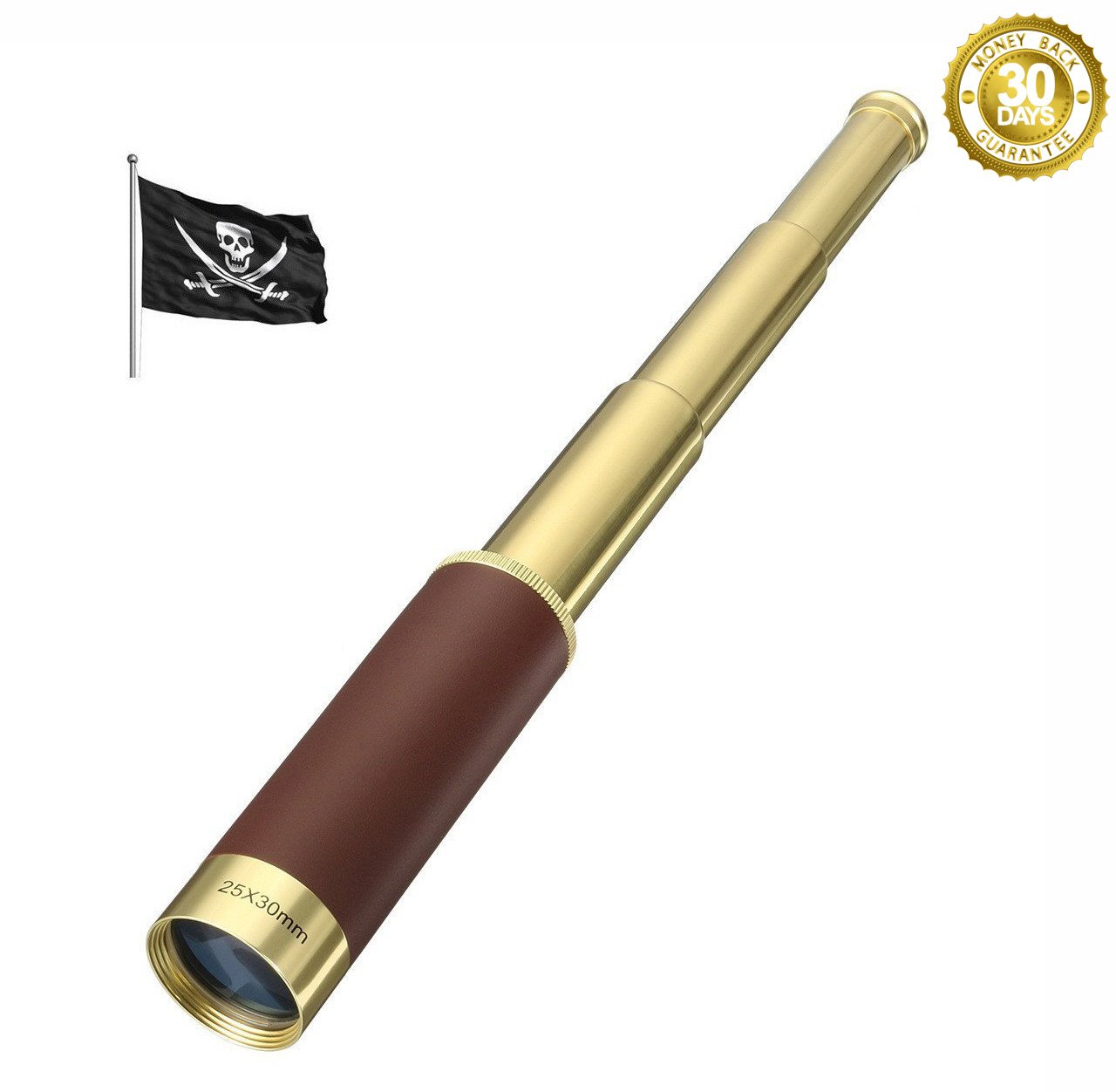 Retro Pirate Monocular 25x30 Zoomable PROCHE Pocket Monocular Portable Collapsible Waterproof Captain Jacks Spyglass Handheld Telescope Vintage Monocular for Kids