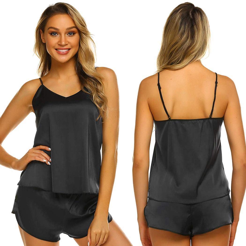 Women Home Summer Pajama Set Silk Backless Sleepwear Black