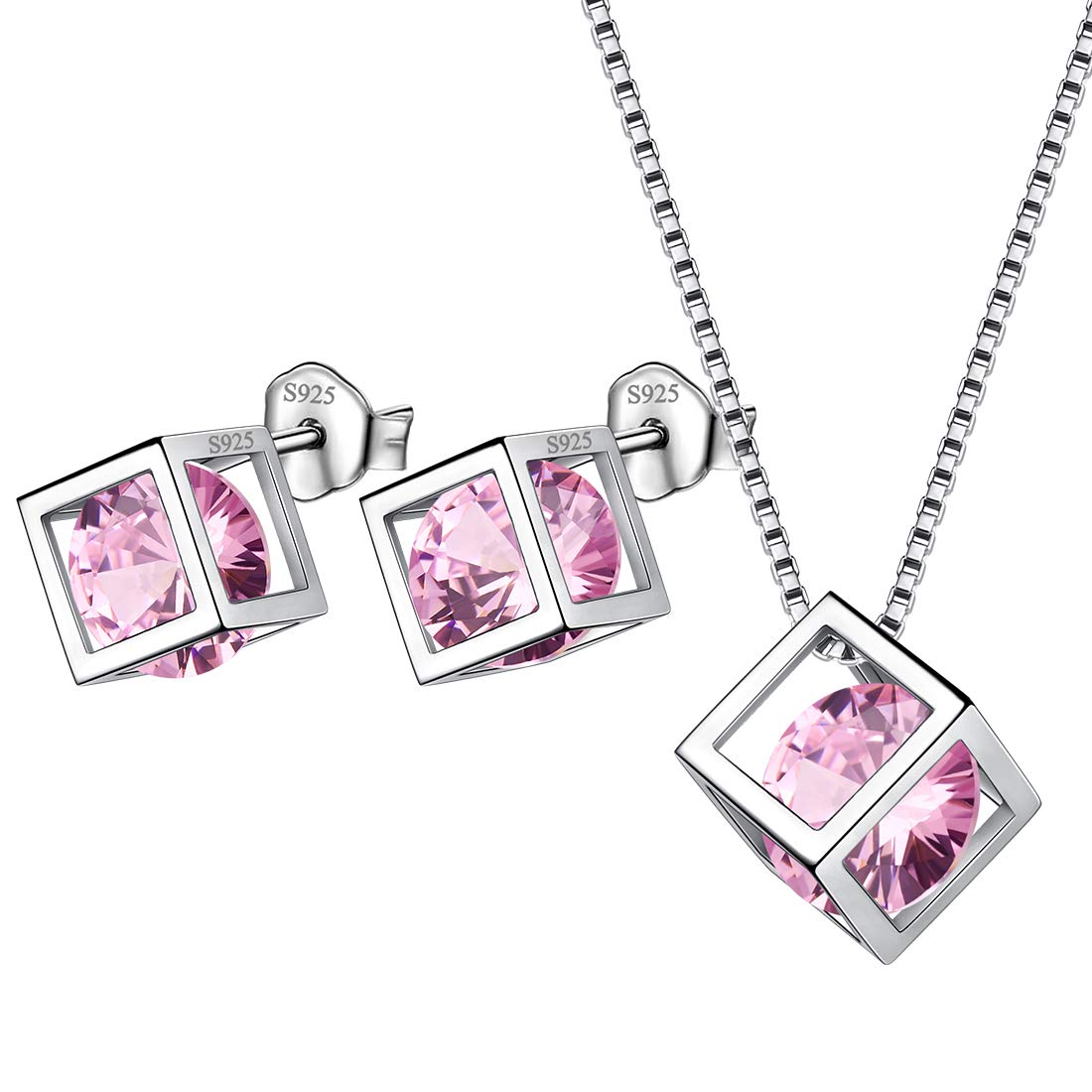 Aurora Tears October Birthstone Necklace Stud Earrings 925 Sterling Silver Pink Tourmaline Square Birth Stone Jewellery Set Gifts for Women and Girls DS0028O