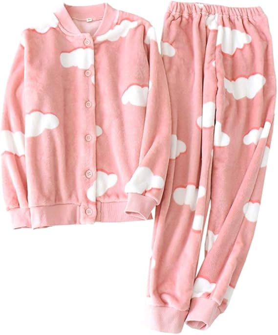 Amazon パジャマ レディース 冬 もこもこ ルームウェア くもり柄 かわいい 前開き 部屋着 上下セット あったか 柔らかい 肌触り良い 女性 プレゼント パジャマ ルームウェアセット 通販