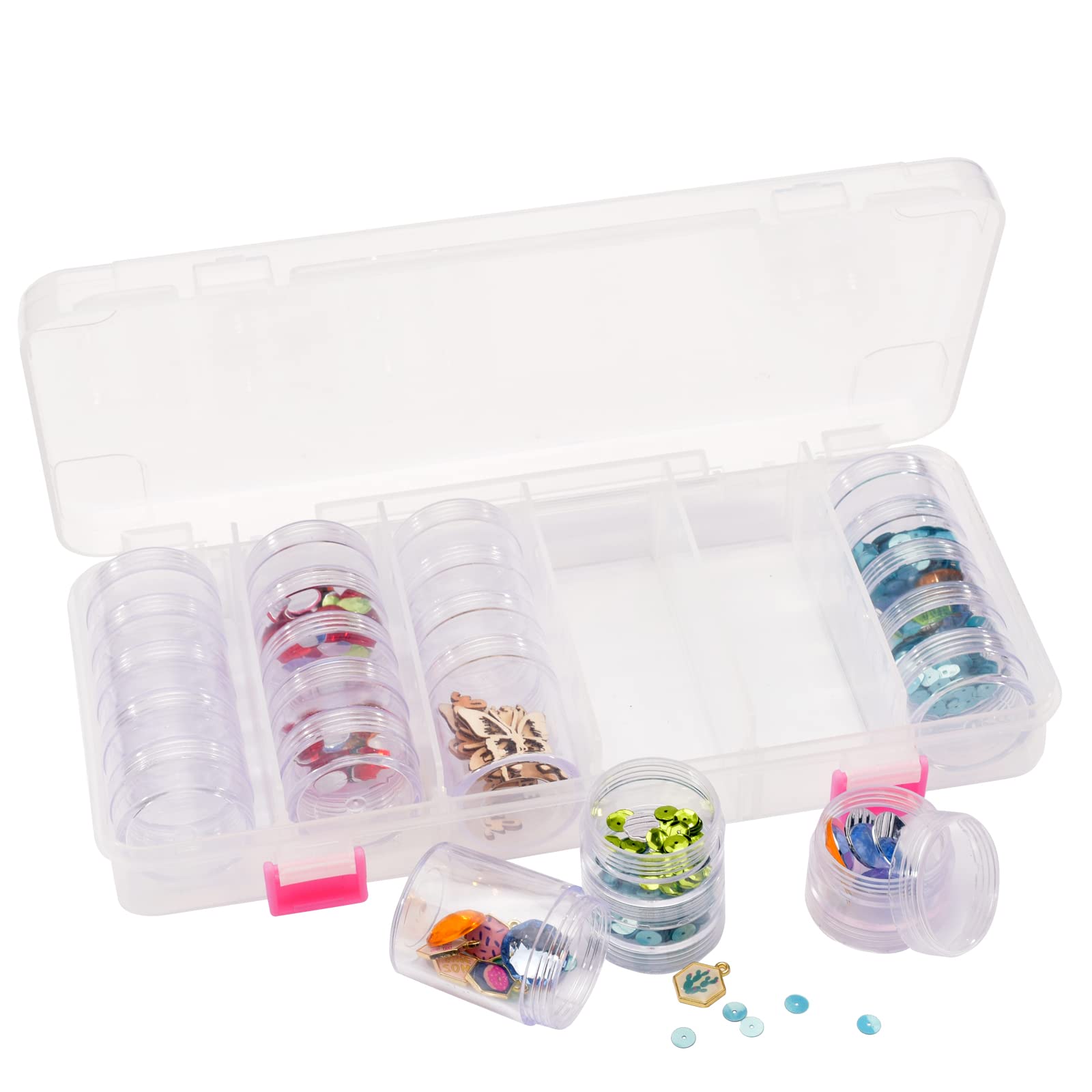 Vaessen Creative Storage Box with 6 Compartments and 28 Round Jars, Transparent Organiser Case for Storing Diamond Painting Drills, Beads, Glitter, Gems and Other Craft Supplies, 27 x 11,5 x 4,2 cm