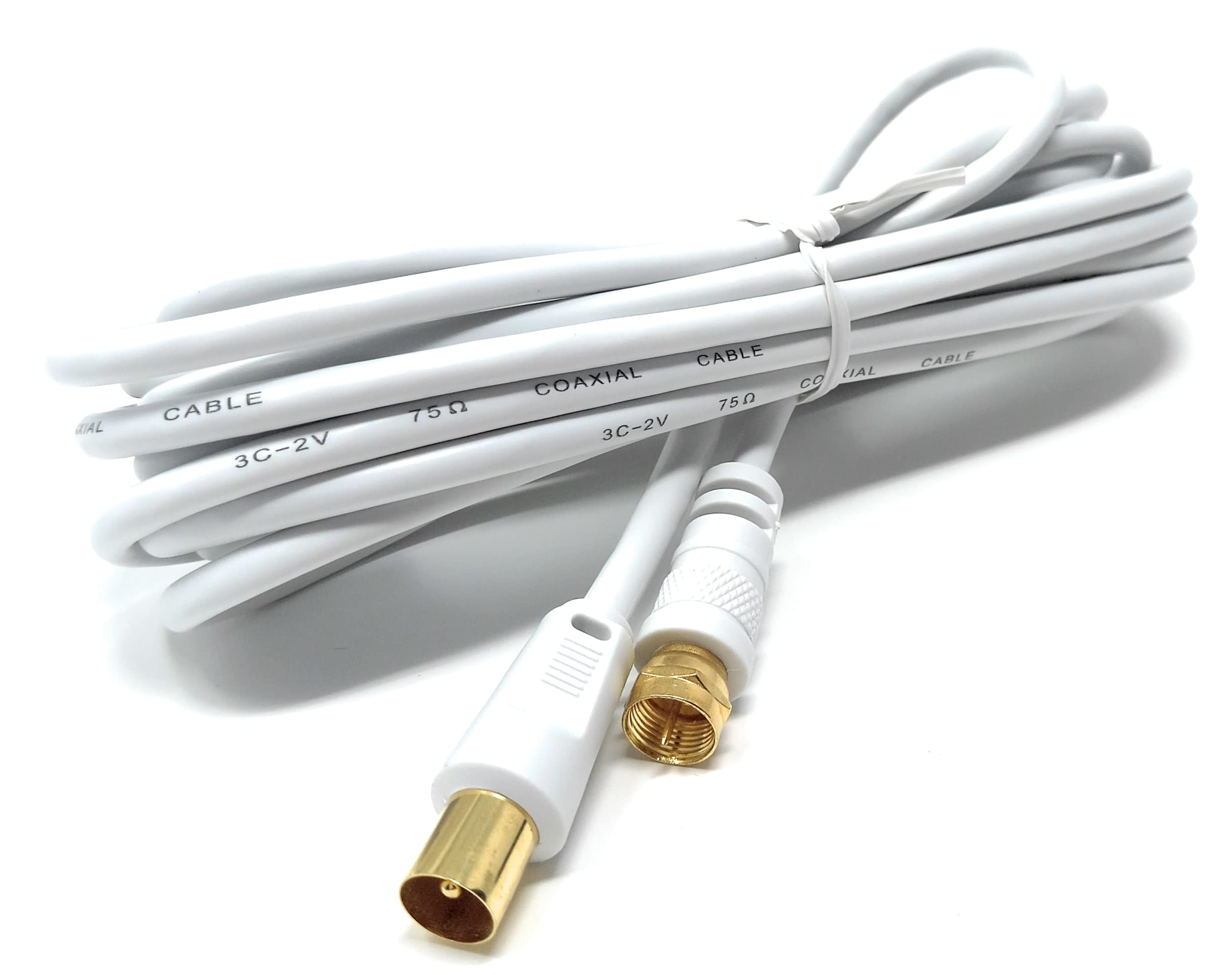 DRUT 5m RF TV Aerial Male to F Type Connector Male Plug Coaxial Coax Cable, Lead, 75 Ohm, 3C-2V (16ft, White Gold Connectors)