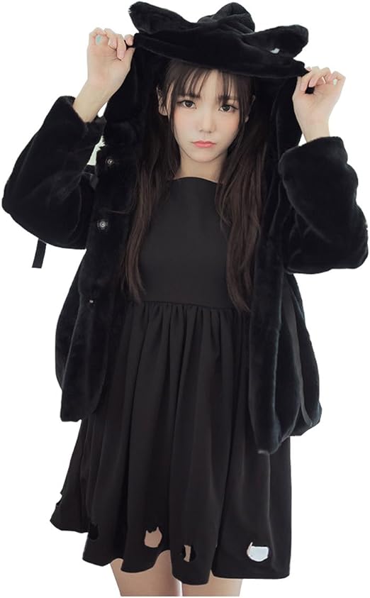 Amazon Cospland フードパーカー パーカー 森ガール 猫耳 猫 秋 冬 厚手 フェイクレザー レディース スウェット アウター トップス 帽子付き ふわふわ もこもこ フリーサイズ コート ジャケット 通販