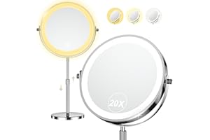 ELASOUND 9" Makeup Mirror with Lights, 20X Vanity Mirror with Lights,3 Color Height Adjustable Lighted Makeup Mirror with Magnification, 5000mAh Rechargeable 360° Double Sided LED Mirror for Desk, Women Gift