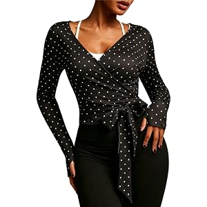 Floerns Women's Polka Dots Ballet Wrap Top Summer Long Sleeve V Neck Tie Side Yoga Shirts with Thumb Hole