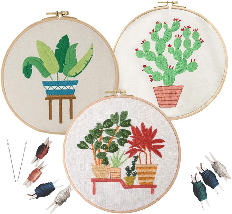 Chiconon 3 Pcs Full Range of Embroidery Starter Kit Including Instructions, 3 Pieces Bamboo Embroidery Hoops, Color Threads, 3 Pieces Cloth with Pattern, Embroidery Needle, Kit Tool Kit for Beginners