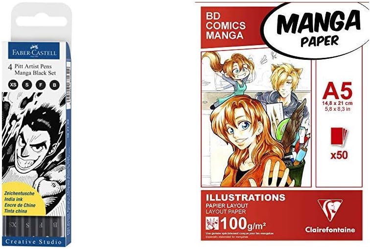 Faber Castell 167132 Feutre Pitt Artist Pen Manga Black étui De 4 Clairefontaine Ref 94041c Papier Manga Layout Bloc Illustrations A5 148 X 21 Cm
