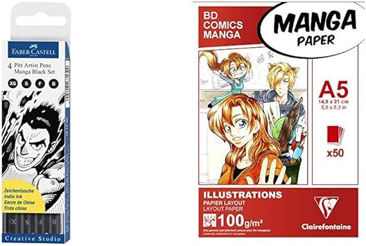 Faber Castell 167132 Feutre Pitt Artist Pen Manga Black étui De 4 Clairefontaine Ref 94041c Papier Manga Layout Bloc Illustrations A5 148 X 21 Cm