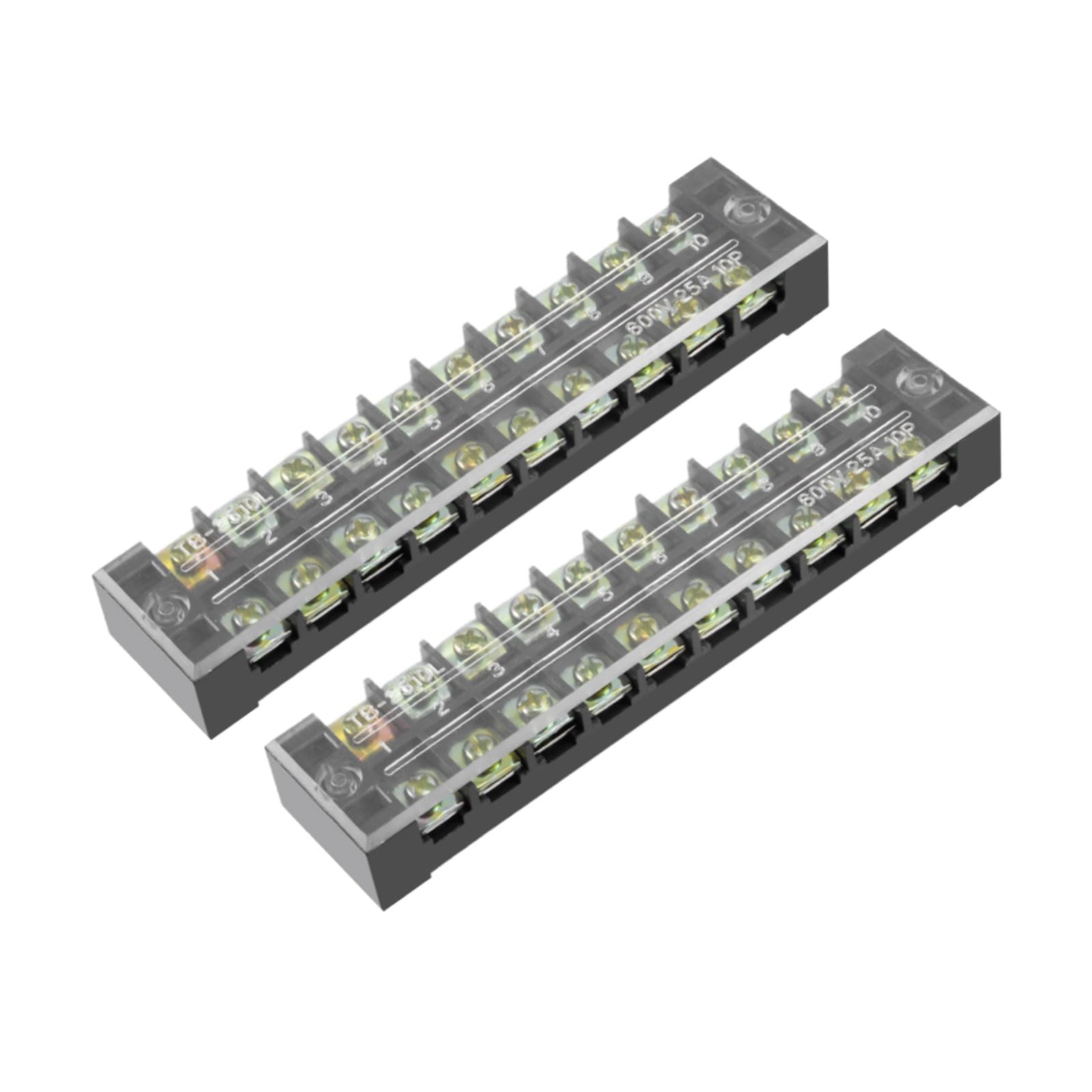 Rebower 10 Positions Dual Rows 600V 25A Terminal Strip Blocks Barrier Screws (with Cover), [for Wires Connecting, Electronic Circuits] - 2 Pack/Black/TB-2510L