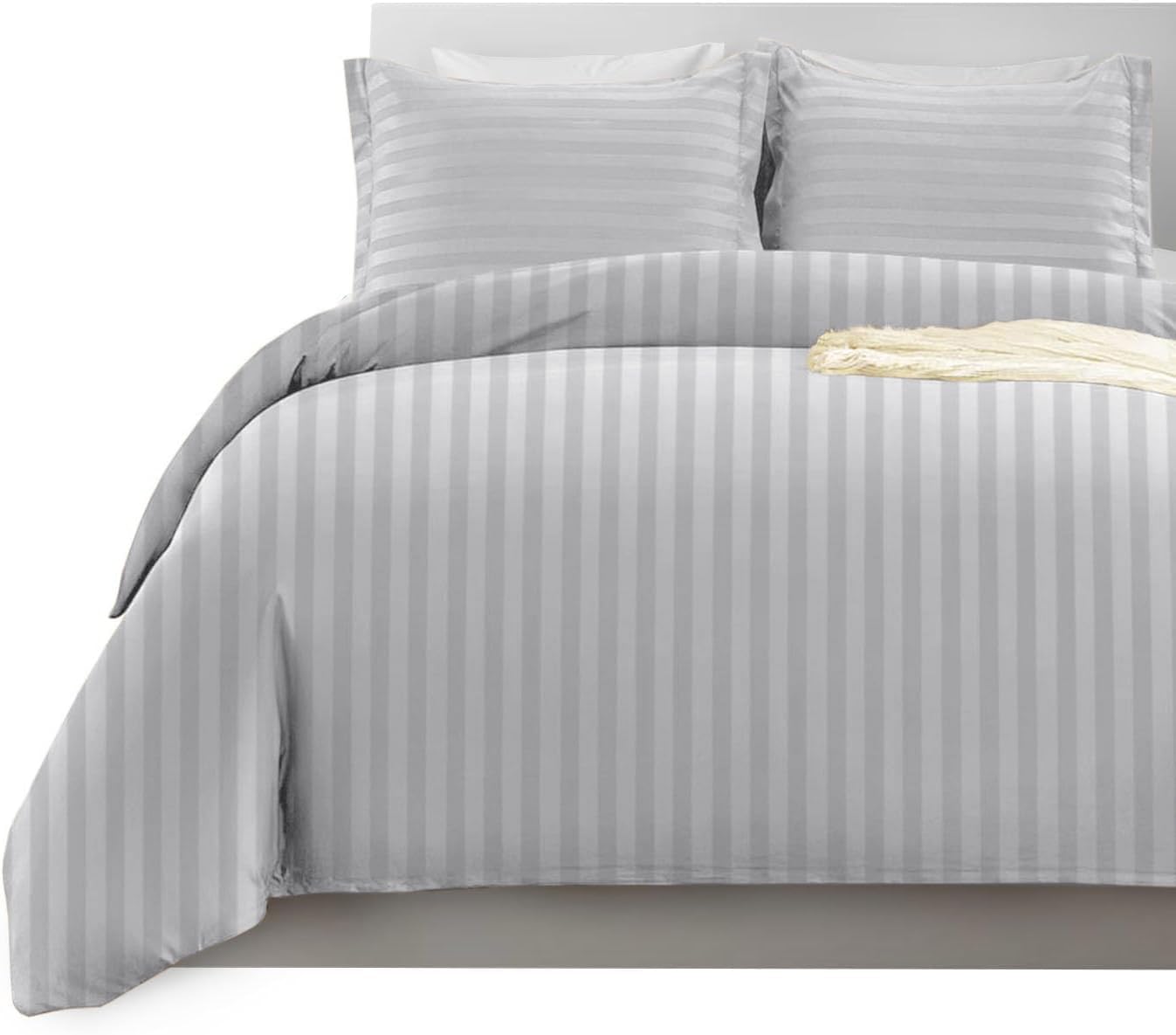 Imperial Rooms Single Duvet Cover Set Reversible Stripes Satin Bedding Set with Pillowcase Breathable Microfiber Duvet Covers (Silver 135x200 Cm)