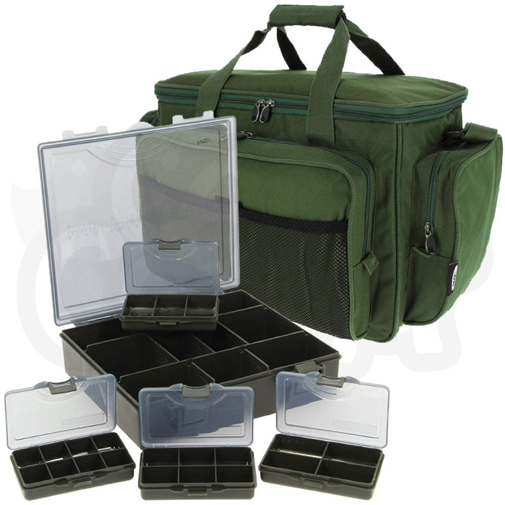 Green Insulated Carryall Holdall Bag With 4+1 Tackle Bit Box Set Carp Fishing