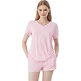 WiWi Women's Short Sleeve Pajama Sets Casual V Neck 2 Piece Sleepwear Soft Viscose from Bamboo Shorts Pj Set S-XXL