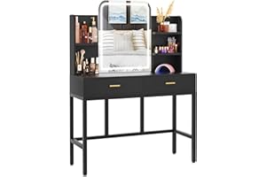 armocity Vanity Desk with Mirror and Lights, Makeup Vanity with 2 Storage Drawers, Vanity Table Set with 3 Color Lighting Options, Modern Dressing Table with Storage Shelf for Bedroom, Black