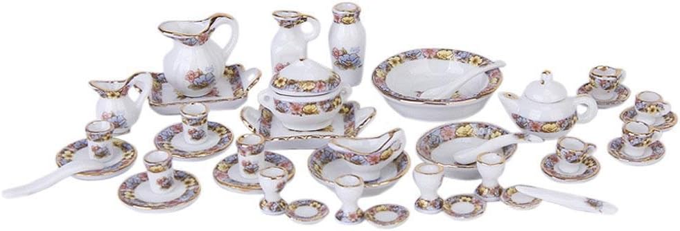 LJTOUS 40 Pcs 1/12 Dollhouse Miniature Accessories Dining Elegance Tableware Porcelain Tea Set Colorful Floral Print