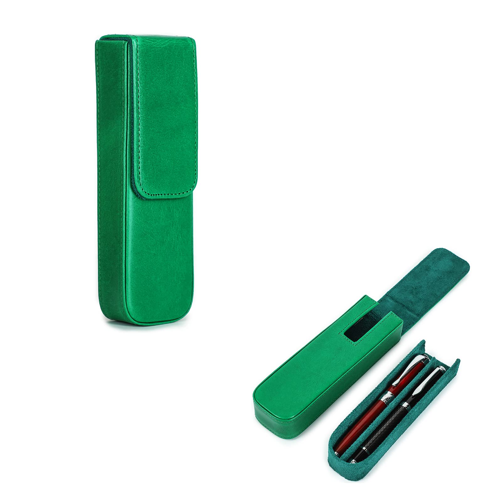 Hiram Leather Pen Case for 2 Pens Vegetable Tanned Leather Fountain Pen Storage Box with Hidden Magnetic Snap Closure Design (Green) — image 1
