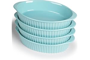 LEETOYI Porcelain Small Oval Au Gratin Pans,Set of 4 Baking Dish Set for 1 or 2 person servings, Bakeware with Double Handle for Kitchen and Home (Turquoise)