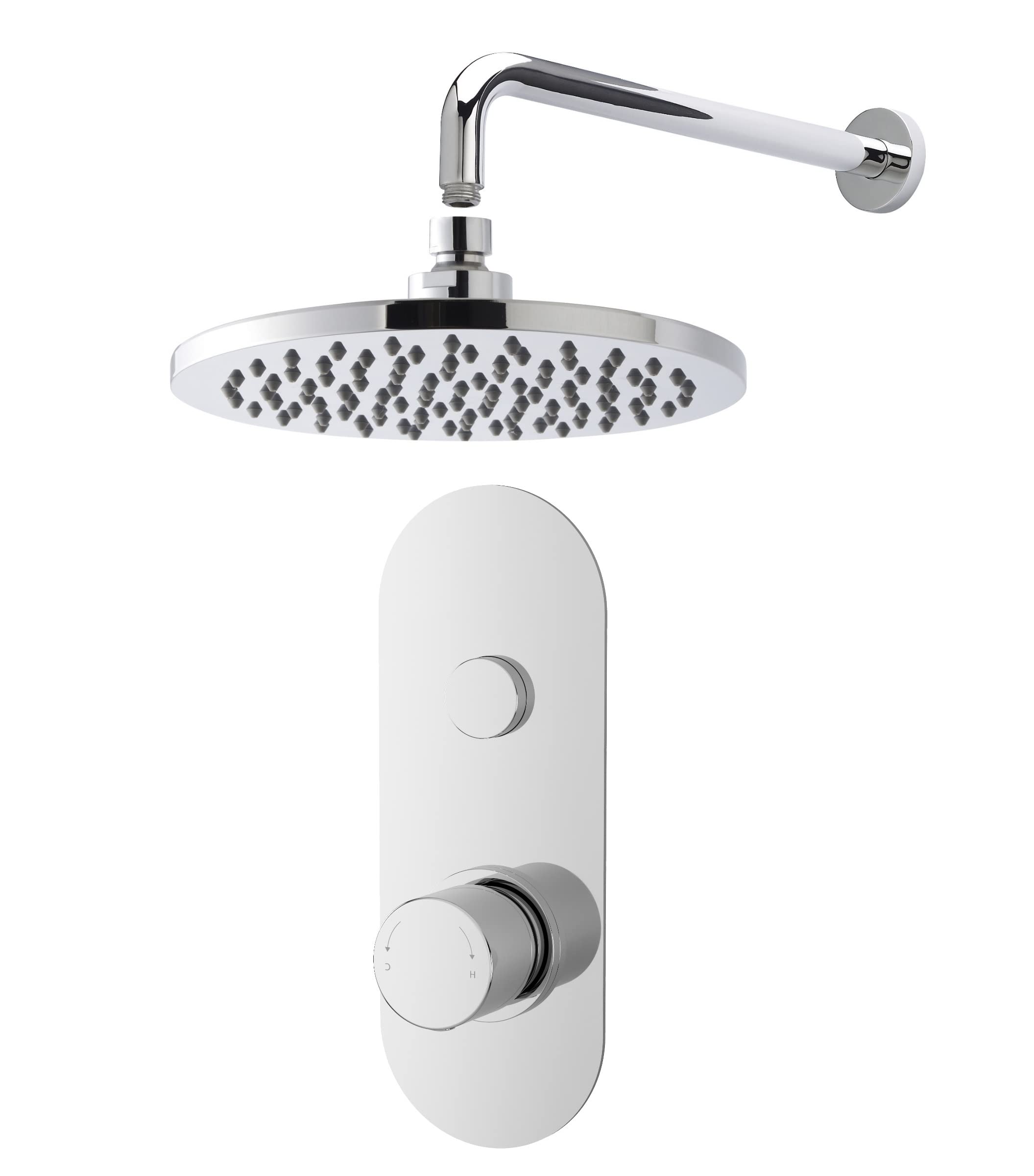 Nuie SBR11TW1 Bundle Modern Bathroom Single Outlet Push Button Valve Wall Mounted Arm and Round Fixed Shower Head, Chrome