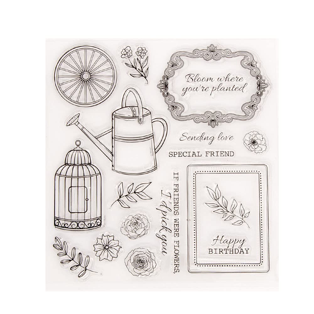arriettycraft Happy Birthday Friends DIY Leaves Flowers Watering Can Cage Rubber Stamps Clear Stamps for Christmas Card Making Decoration and DIY Scrapbooking Rubber Stamps for Crafts