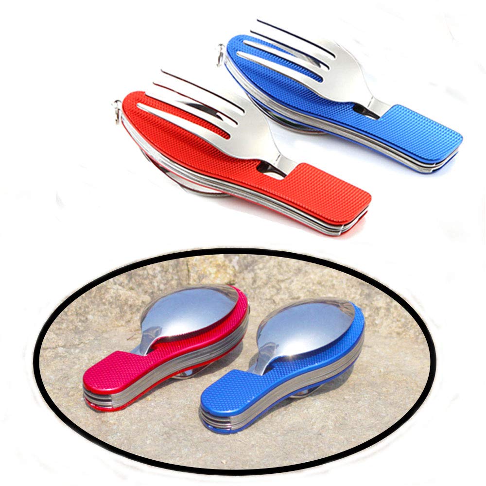 Senven 2 Sets 8 Pcs 4 in 1 Camping Cutlery Set - Stainless Steel & Aluminum - Foldable, Lightweight, Portable, Removable, Sturdy - Red & Blue