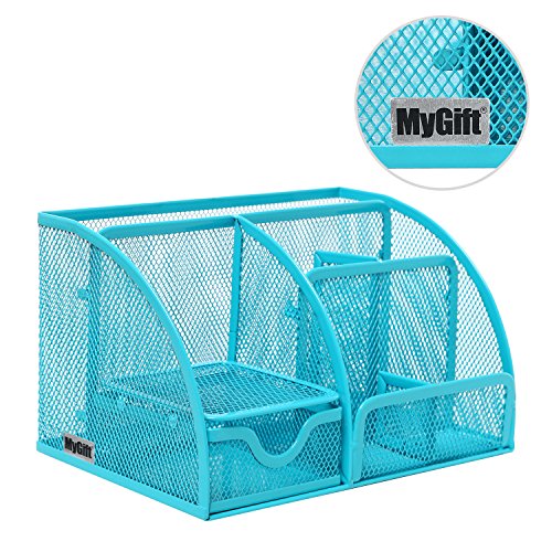 MyGift Multipurpose Turquoise Blue Metal Mesh 6 Compartment Desk