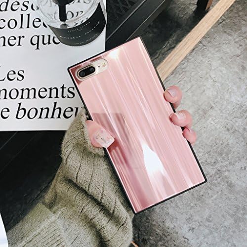 iPhone X Case,Luoming Holographic Cool Sparkle Bling Glitter Shiny Aurora Luxury Square Glass Glossy Mirror Shockproof Smooth Hard Case for iPhone X (Rose Gold, X)