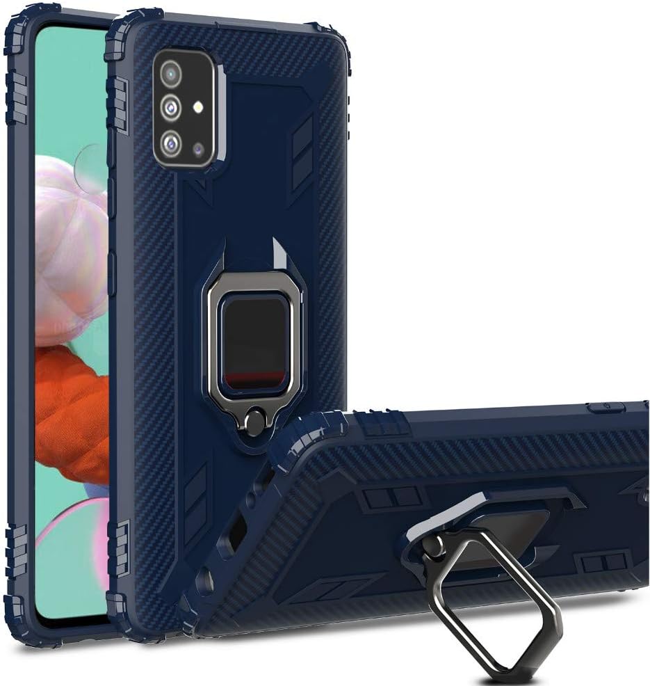 Ruisyi for Galaxy A51 Case,TPU Carbon Fiber Soft Rubber Case with Kickstand Texture Anti-Slip Shock Absorber Protective Case Cover for Samsung Galaxy A51 (Navy)