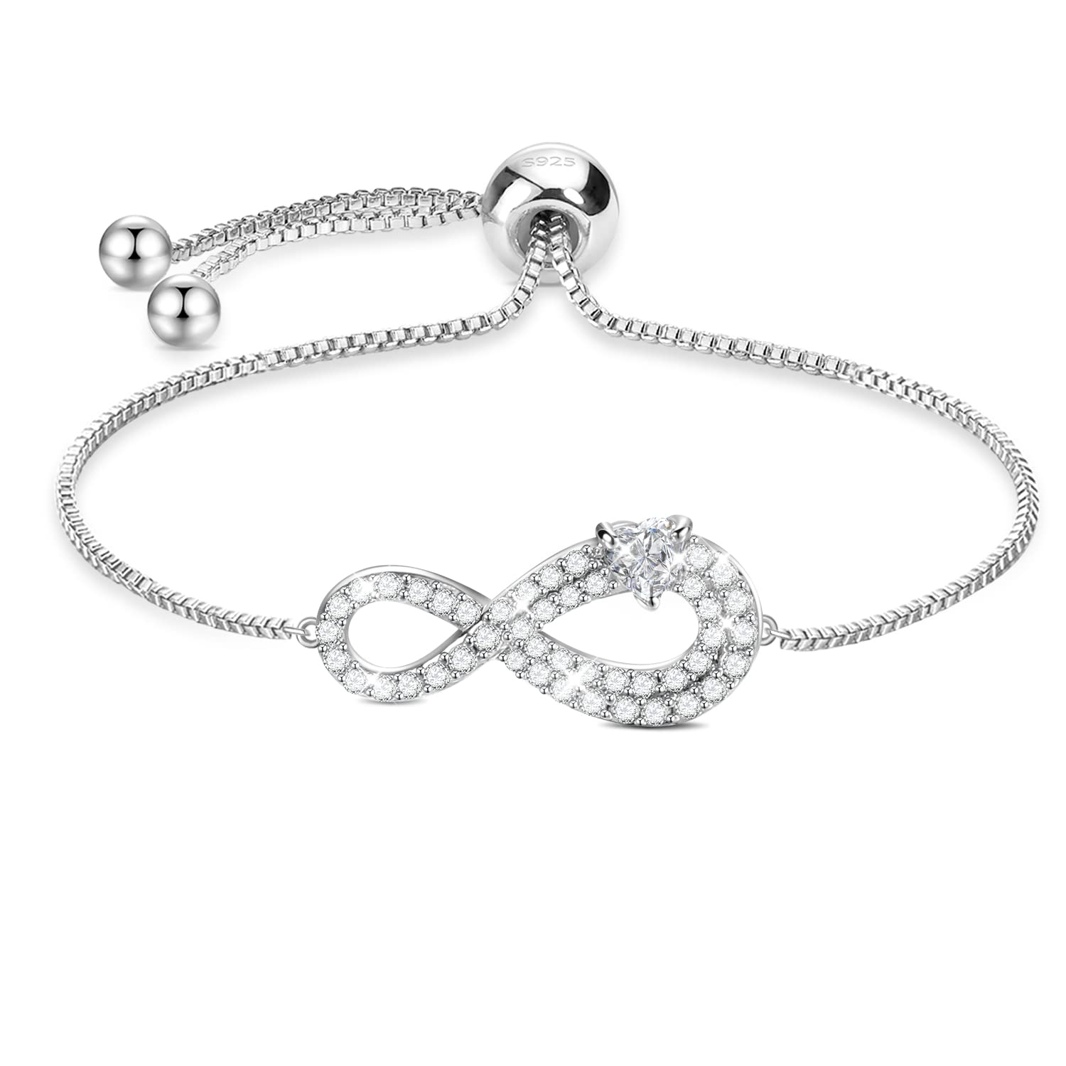 Bracelet for Women,Infinity Bracelet Sterling Silver,Crystal Bracelet,Heart Bracelet,Love Bracelet,Adjustable Bracelet,with Gift Box,Gifts for Women,Mothers,Gifts for Mother's Day Party Birthday