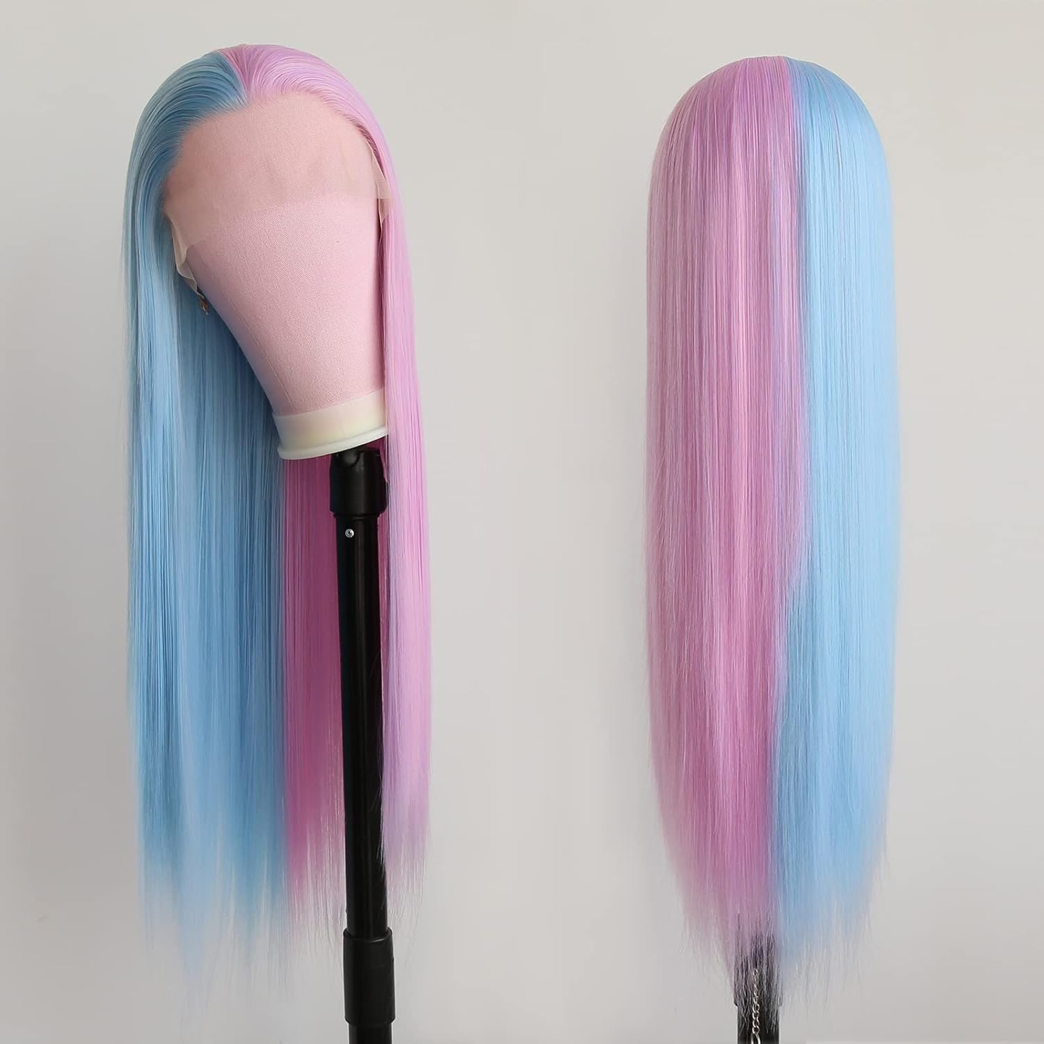 SeraphicWig Beautiful Half Pink Half Blue Silky Straight Synthetic Lace Front Wigs For Women Heat Resistant Long Straight Wig for Party 24inch