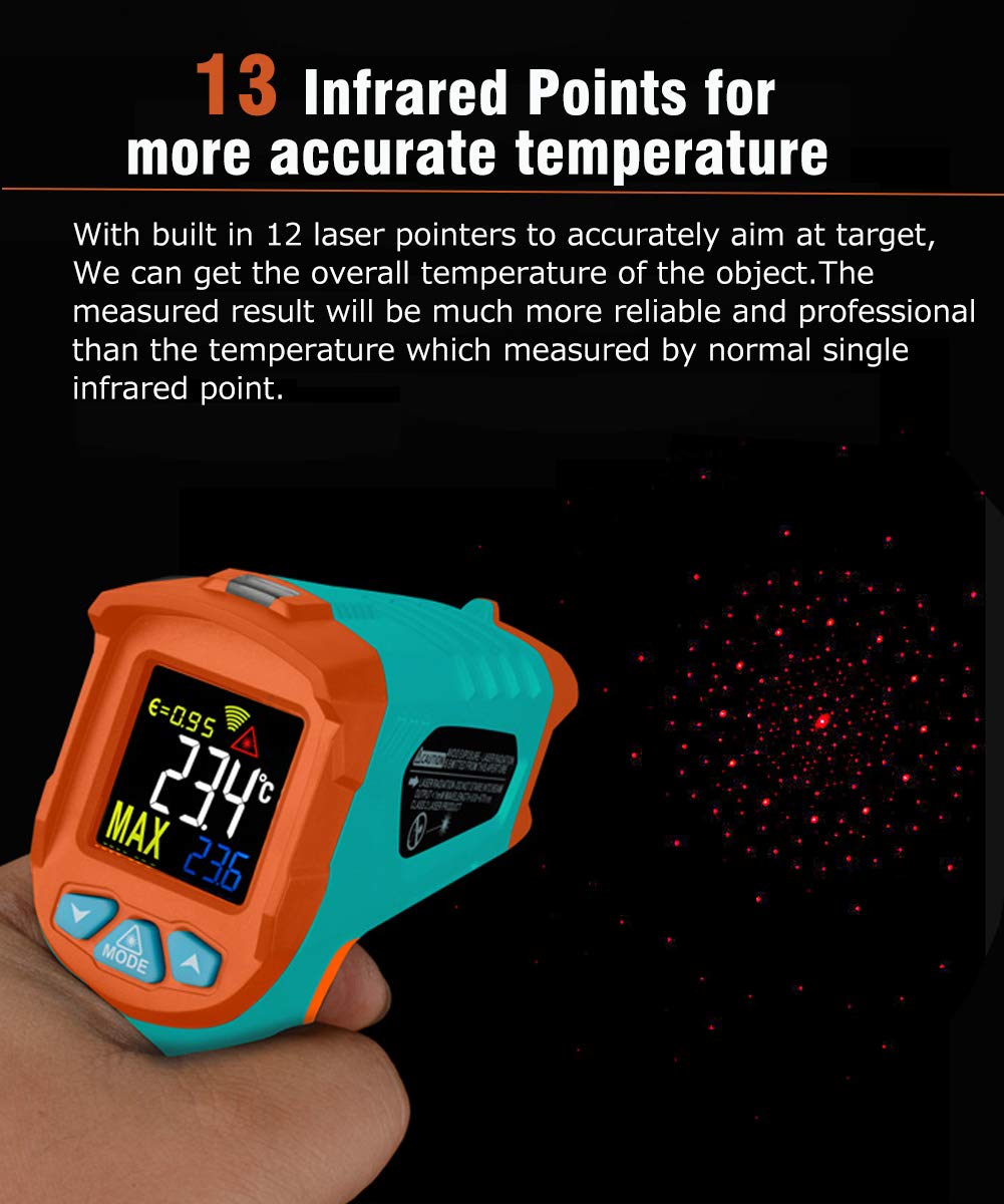 Mileseey MC818A Infrared Thermometer IR Temperature Gun 12 Laser Digital Non-Contact Tester -58℉~716℉(-50℃~380℃) with Adjustable Emissivity&Max Measure for Kitchen Cooking Meat Automotive (MC818A)