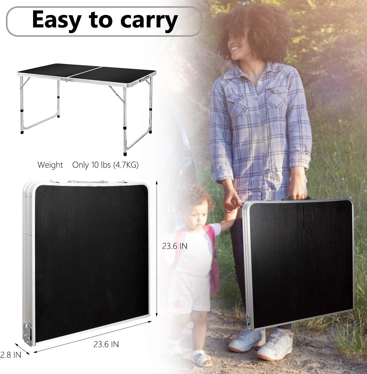Folding Picnic Table, 4FT Aluminum Height Adjustable Alightweight Portable Handle, Rust Resistance Table for Outdoor Picnic Beach Backyard, 47''x24'', Black: Kitchen & Dining