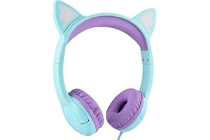 Olyre Kids Headphones with Light Up Cat Ears 3.5mm On Ear Audio Headphones for Toddler with Tangle Free Cable (Max 85dB) for 