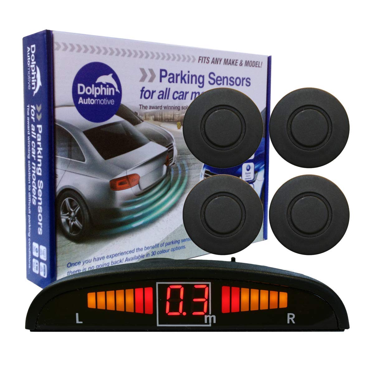 Dolphin Automotive DPS450 Reverse Parking Sensors In 32 Colours 4 Ultrasonic Radar Sensors Kit Audio & Display Alert System - Matt Black