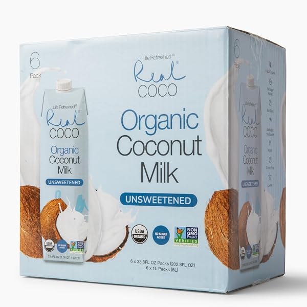 REAL COCO ORGANIC ORIGINAL COCONUT MILK BEVERAGE (6-PACK 1L), USDA ORGANIC, NO-ADDED SUGAR, PLANT BASED, DAIRY & SOY FREE, VEGAN, KETO AND PALEO FRIENDLY
