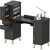 Kikihouse Nail Desk Manicure Table with Dust Collector &amp; Glass Top (Black) | Large Storage Space with Cabinets &amp; Drawers, 4 Dust Bags &amp; Wrist Rest Included, Professional Beauty Salon Nail Tech Station