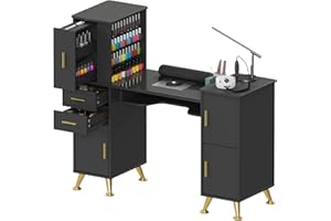 Kikihouse Manicure Table Nail Desk with Glass Top & Wrist Rest, Nail Station with Dust Collector & 4 Dust Bags, Beauty Salon Workstation with Storage Drawers & Cabinet (Black)