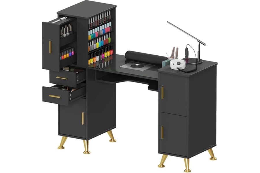 Kikihouse Manicure Table Nail Desk with Glass Top & Wrist Rest, Nail Station with Dust Collector & 4 Dust Bags, Beauty Salon Workstation with Storage Drawers & Cabinet (Black)