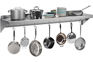 RIEDHOFF Metal Multifunctional Storage Rack with Backplash for Kitchen, [NSF Certified] 12" x 48" Stainless Steel Wall Mount Shelf with 7 Hooks for Hanging Pots, Pans,cookware in Home and Restaurant