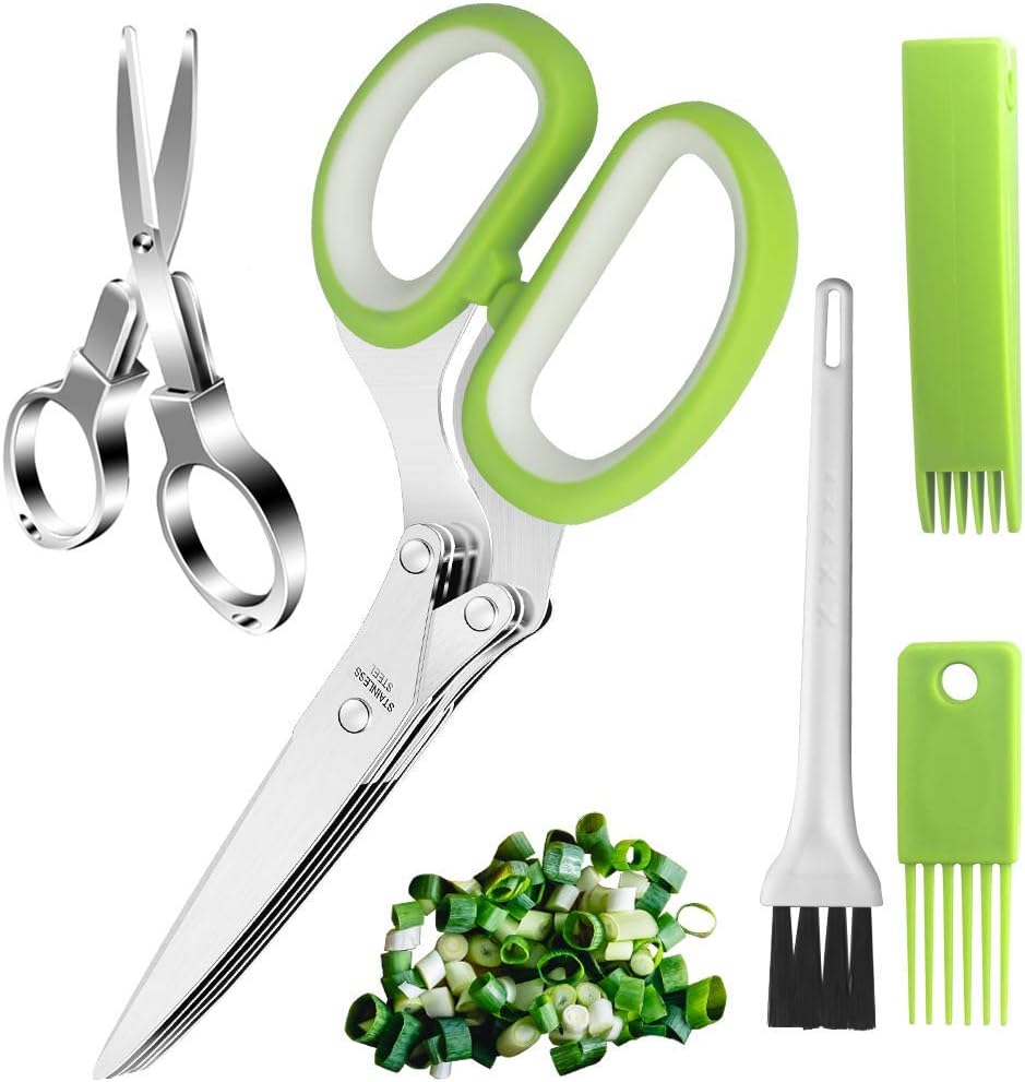 Premium Herb Scissors with 5 Stainless Steel Blades. Kitchen Shear Mincer Set with Cleaning comb Safe Cover,Ideal Garden Kitchen Gadgets for Shredding Paper Food Salad Herb,silver collapsible scissor